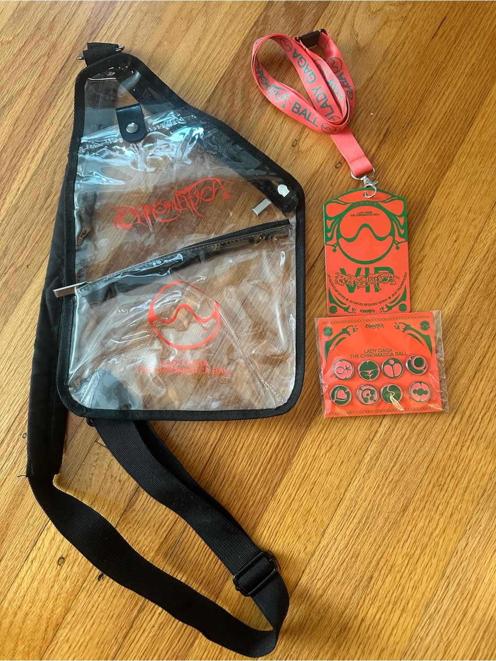Lady Gaga VIP merch items- messenger bag, pins, pass